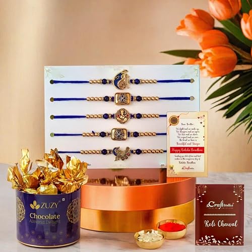 Image of eCraftIndia Set of 5 Rakhi for Brother With Chocolate | Shri Lord Ganesha Peacock Flute Floral Religious Rakhis, Zuzy Almond Chocolate Box, Rakhi with Chocolate Gift | Roli Chawal Pack