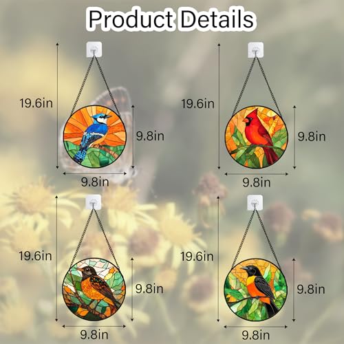 Image of DASTOLL Stained Glass Window Hanging 4 Pcs Set Birds 9.8 inch - Cardinal Blue Jay Suncatcher Door Garden Sun Catcher Decor Birthday Christmas for Bird Lovers Mom Woman Nana Men