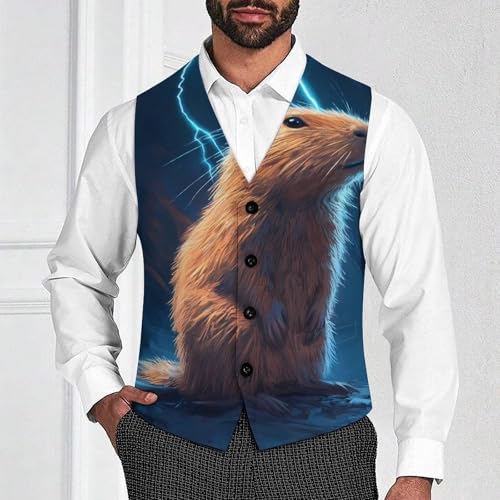 Thunder And Capybara Suit Vest for Men Waistcoat Dressy V Neck Button Down Sleeveless Business Jacket Coat4