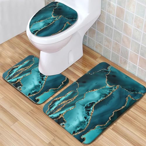 Badvorleger Set Dunkelgrünes Marmormuster Badgarnitur 3 Teilig, Bodenvorleger U-förmiger WC-Vorleger WC-Deckelbezug, rutschfest, Waschbar für Badewanne, Dusche, Badezimmer
