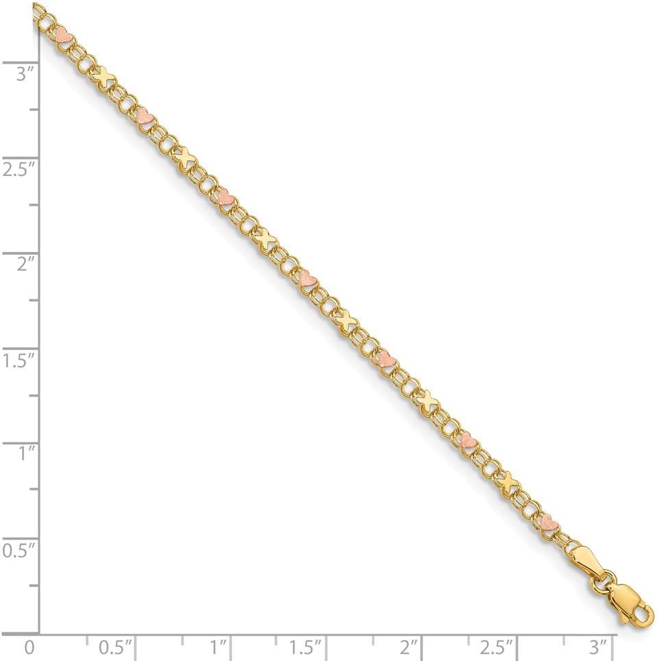 Solid 14k White and Yellow Gold Two Toned and Rose X's and Hearts Anklet - with Secure Lobster Lock Clasp 10"