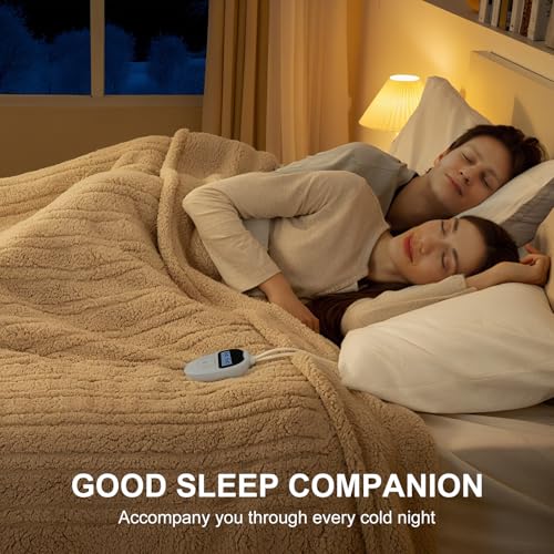 Electric Blanket King Size Single Control - 100"X90" Soft Double Sided Sherpa Heated Blanket with 6 Heating Levels & 10 hrs Timer Settings, Washable & ETL Certified for Bed, Beige