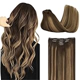 Human Hair Extensions Clip in, DOORES 5pcs 70g Balayage Chocolate Brown to Caramel Blonde 18 Inch...
