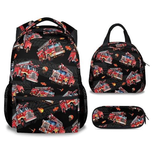Image of Toddler Boy Backpack Set - Fire Truck Backpacks for Kids - 3Pcs Toddler Bookbag with Lunch Bag and Pencil Pouch - Boys School Bag for Kindergarten /Preschool /Elementary (17 Inch)