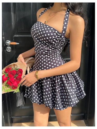SOLY HUX Women's Polka Dots Bubble Mini Dress Halter Backless Sleeveless Ruched Party Going Out Dresses3