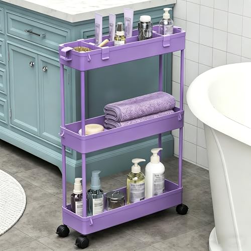 Image of SPACELEAD 2-piece Set Slim Storage Cart 3 Tier,Bathroom Organizer Rolling Utility,Mobile Shelving Unit Slide Out for Office, Kitchen, Laundry Room & Narrow Places