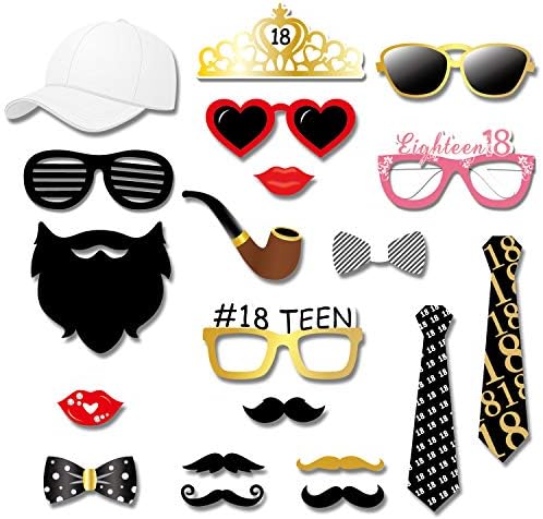 Konsait 55pcs 18th Birthday Photo Booth Props, Black and Gold Happy 18 Birthday Decorations Girls Boys DIY Photo Booth Props Kits Party Accessories or Gift, Birthday Party Favors Supplies