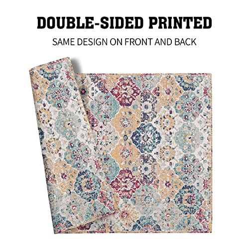 Image of Ethnic Boho Placemats Set of 4 Bohemian Carpet Vintage Rust Coral Floral Carpet Linen Washable Kitchen Dining Table Mats Stain Heat-Resistant Desktop Decor Place Mats 12x18 in