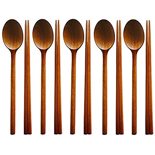 5 Set of Spoons and Chopsticks Handmade Cutlery Tableware Spoons Wooden Korean Jujube Tree...