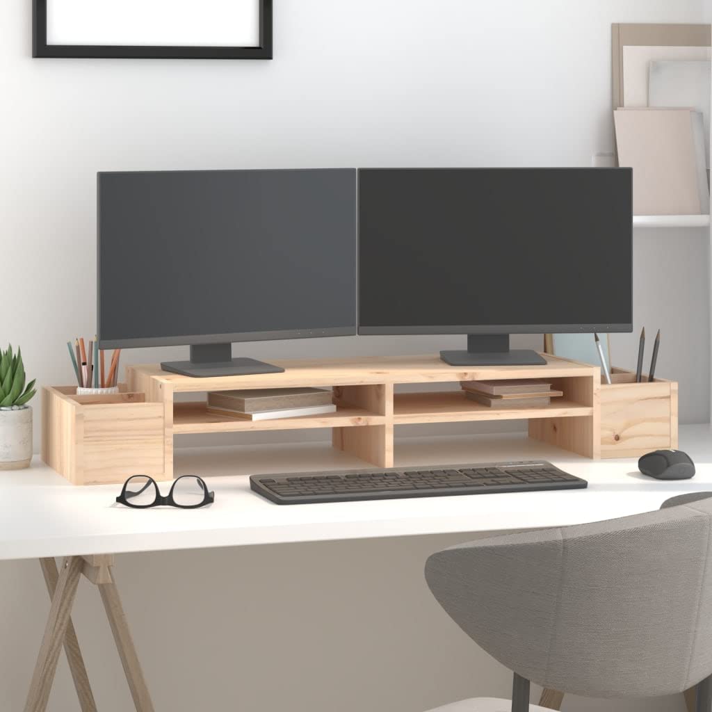 Supporto per monitor in legno di pino massiccio, 100 x 27,5 x 15 cm, scrivania con 4 ripiani, per posto di lavoro, ufficio, casa, organizzazione ergonomica e spazio di archiviazione