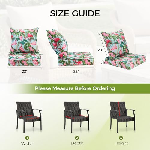 Image of UNIKOME 22 inchx22 inchx3 inch Outdoor Chair Cushions Set - Waterproof Patio Cushions for Outdoor Furniture with Removable Cover, Ties & Handle, Deep Seat Patio Cushions for Sofa Couch - Flamingos