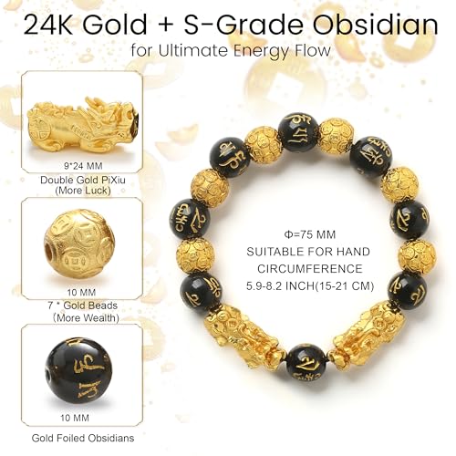 KINLNGEE Dual 24K Gold Plated Pixiu Feng Shui Obsidian Bracelet, Lucky Wealth Charm & Dragon Protection for Men/Women, Mantra Prayer Beads Bracelets, Protective Amulet Gift, Jewelry Gifts(10mm)2