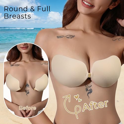 Image of Sticky Bra Push Up, Strapless Adhesive Bra Backless No Show Beige D | Perforated cups, glue-free center, stick-on hold, front clasp lift, reusable Invisible bra for low-cut outfits and hot days
