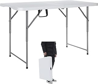 Folding Table 4 Foot Heavy Duty Plastic Utility Table Portable Thick Table Top Indoor Outdoor Adjustable Height with HandleTable,Sewing table Camping Party Gathering 330lb Weight Capacity White