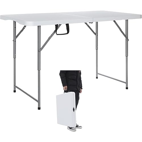 Folding Table 4 Foot Heavy Duty Plastic Utility Table Portable Thick Table Top Indoor Outdoor Adjustable Height with HandleTable,Sewing table Camping Party Gathering 330lb Weight Capacity White