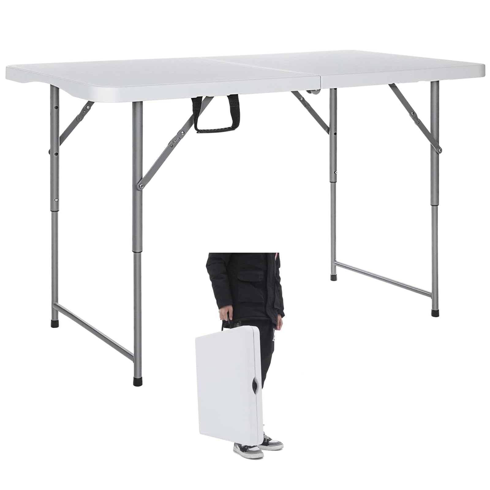 Folding Table 4-Foot Heavy Duty Plastic Utility Table Portable Thick Table Top Indoor Outdoor Adjustable Height with HandleTable,Sewing table Camping Party Gathering 330lb Weight Capacity White