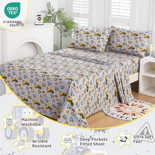 Image of Viviland 3 Pieces Boys Grey Truck Twin Sheet Set - Soft Microfiber Fitted Flat Sheets & Pillowcase Bed Sheet Set - Heavy Duty Vehicle Print Bedding Sets for Kids