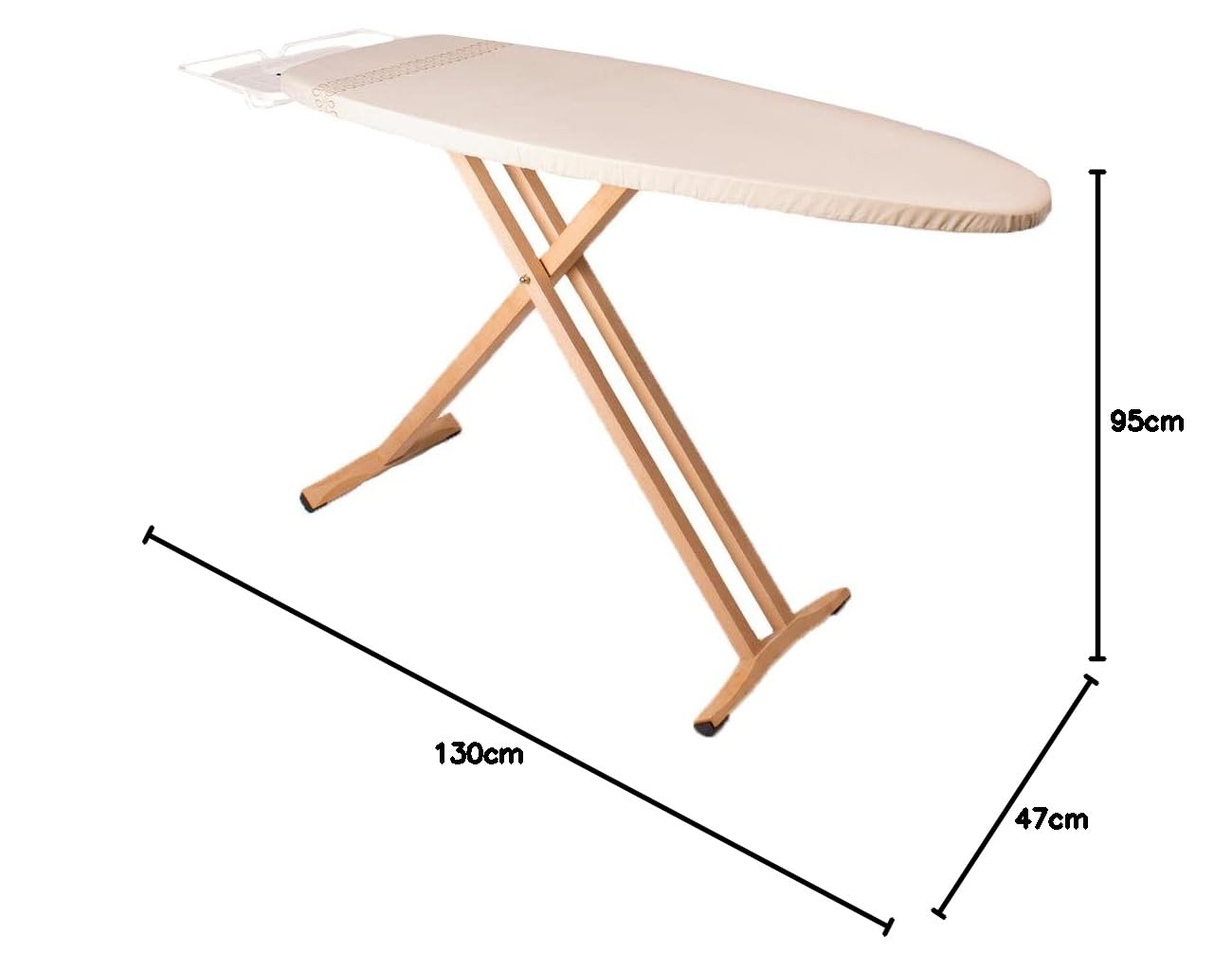 Table à Repasser Taiga en Bois Massif 130x47 cm Hauteur réglable jusqu'à 95 cm avec Repose-Fer et Support Centrale Vapeur