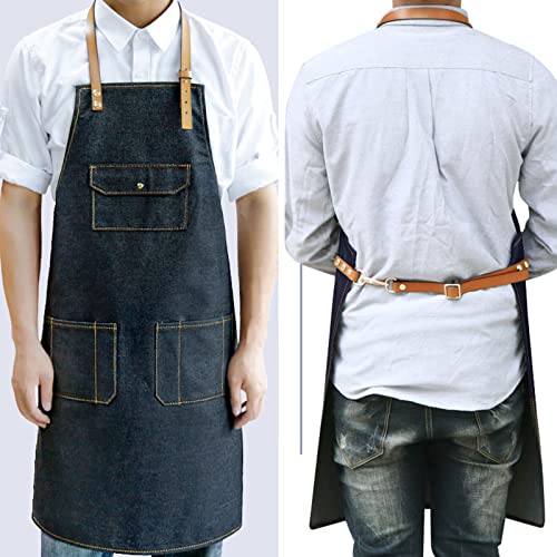 Delantales de Chef para Hombres Delantal de Trabajo de Mezclilla Profesional Delantales de Peluquero para Mujeres con Bolsillos para cocinar Barbacoa