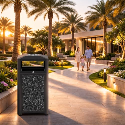 Image of 40 Gallon Commercial Outdoor Trash Can with Lid & Top Tray, Heavy-Duty Powder-Coated Steel Garbage Receptacle with Galvanized Metal Liner, Stone Panel Design for Park, Mall & Public Spaces