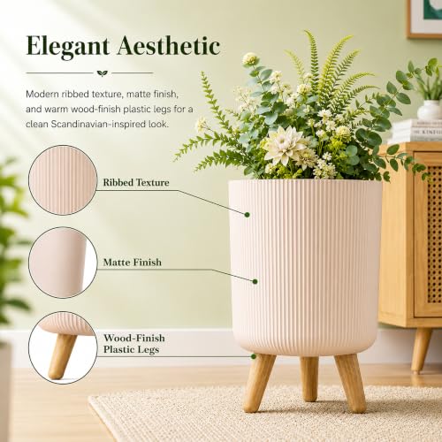 Image of Eightiz Store Modern Warm Beige Flower Pot with Plastic Legs | Indoor Outdoor Planter for Home Garden Balcony Decor Ribbed Design Sturdy Plastic Mid-Century Style (Warm Beige, Pack of 2)