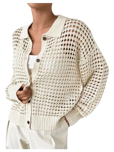 Women's Hollow Out Crochet Cardigan Sweater Collar Neck Button Front Cardigan Boho Loose Fit Casual for Summer Resort4