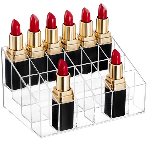 HBlife Lipstick Holder - 24 Space Clear Acrylic Lipstick Organizer Display Stand for Cosmetics, Makeup, Brushes, Bottles and More