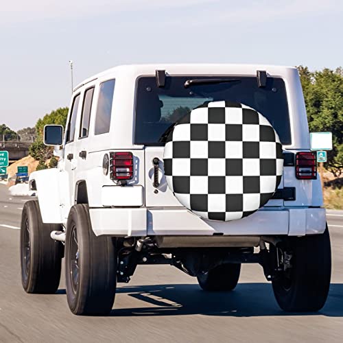 Image of Black and White Racing and Checkered Pattern Spare Tire Cover Dust-Proof Wheel Tire Cover Fit Trailer, RV, SUV and Many Vehicle 14 Inch