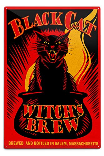 Lantern Press Salem, Massachusetts, Black Cat Witch's Brew (12x18 Aluminum Art, Indoor Outdoor Metal Sign Decor)