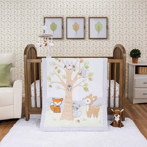 Sammy &amp; Lou Friendly Forest 4-Piece Baby Crib Bedding Set, Includes Quilt, Fitted Crib Sheets Neutral, Crib Skirt, and Plush Toy