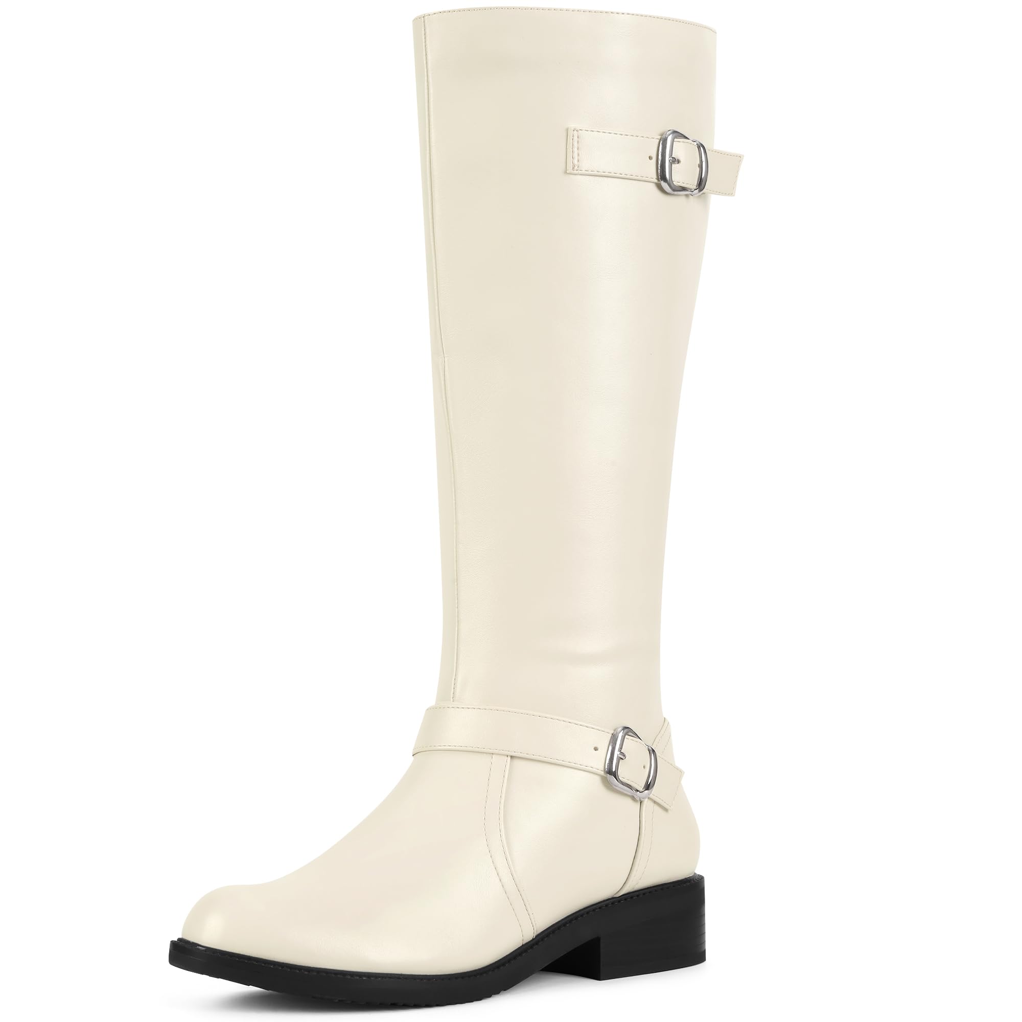 Perphy Knee High Boots Side Zipper Chunky Low Heel Buckles Riding Boots for Women