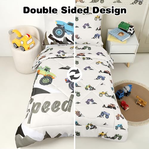 Image of 4 Piece Toddler Bedding Set, Ultra Soft and Breathable Cartoon Car Toddler Comforter Sets for Boys Includes Quilted Comforter, Fitted Sheet, Flat Sheet and Pillowcase