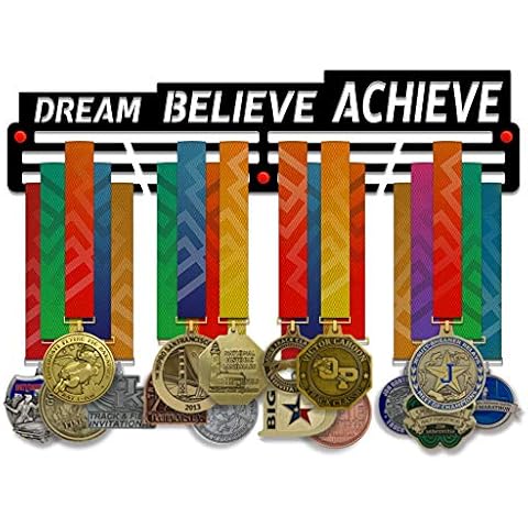 VICTORY HANGERS Dream Believe Achieve Medal Holder Display Rack - 3 Bars Black Coated 3 mm Steel Metal Hanger with Wall Mount Standoffs - 18 Inch Wide Holds 60 Medals or More Cover
