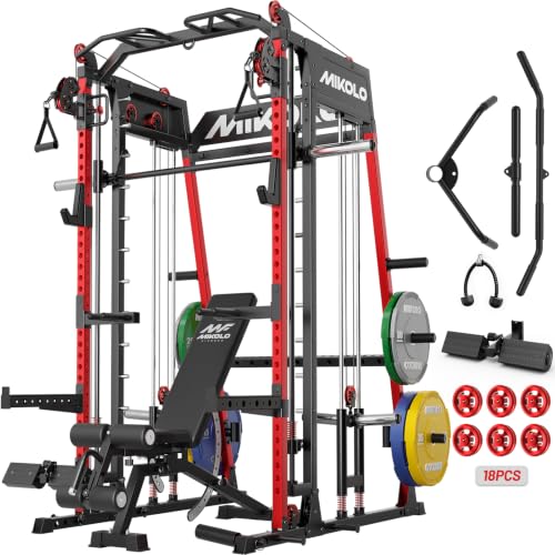 Image of Mikolo M4 2.0 Smith Machine, 2200lbs Squat Rack with LAT-Pull Down System & Cable Crossover Machine, Training Equipment with Leg Hold-Down Attachment
