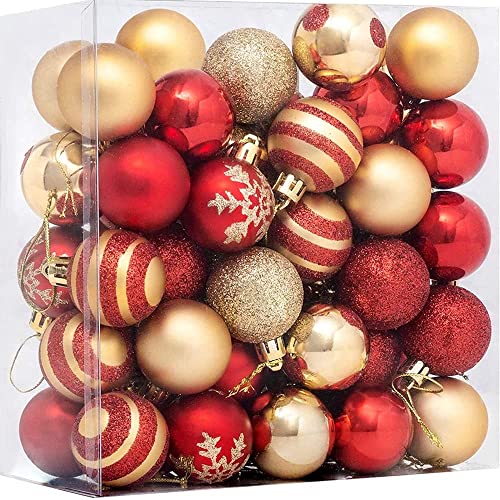 Toworld Christmas Tree Balls Ornaments 50 PCS Hanging Christmas Balls Red Gold Snow Glitter Plastic Xmas Tree Baubles Christmas Tree Pendant Ball Set for Holiday Party Christmas Trees Decoration
