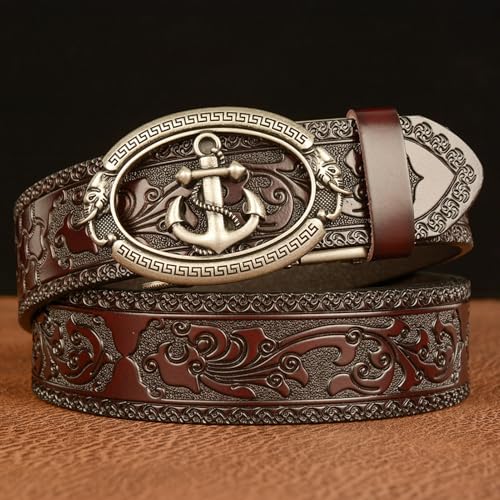 Men's Embossed Leather Ratchet Belt Strap-Silver Automatic Buckle with Engraved Elephant Head Hollow Anchor and Chain3