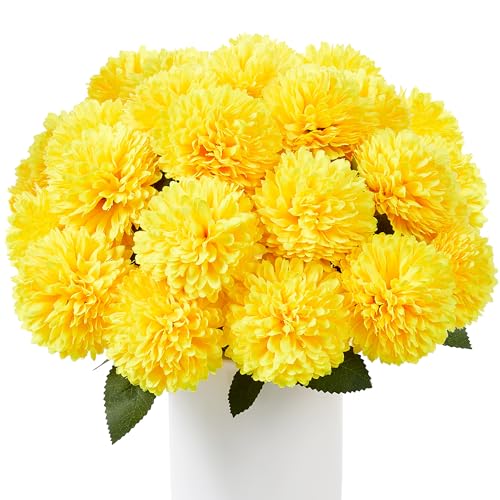 SITUMEIZI 12 Pcs Yellow Artificial Chrysanthemums Flowers Ball Flower Fake Mums Silk for Fall Thanksgiving Day Wedding Home Kitchen Decoration Floral Arrangement