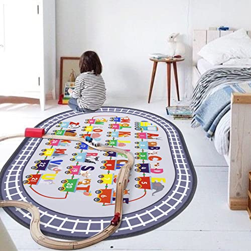 Hiiarug Kids Rug Carpet Oval Abc Alphabet Numbers Train And Road Educational Classroom Rug Baby Play Mat Learning & Game Area Rug For Bedroom Playroom Decor (Grey, 3'3" X 5') #TOP7