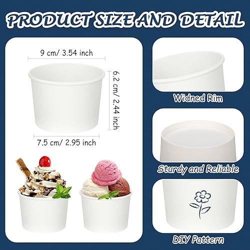 Image of Nuenen 300 Pcs 8 oz Summer Ice Cream Paper Cups Bulk Disposable Dessert Cups Solid Color Paper Dessert Bowls for Snack Sundae Spring Party Favors Ice Cream Bar Supplies (White)