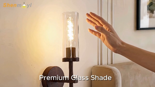 Image of Shenmoyl Battery Operated Wall Sconces Set of 2, Walnut Color Rechargeable Wall Lighting Fixtures, Dimmable Wall Lights with Remote & Clear Glass Shade for Living Room, Bathroom,Bedroom