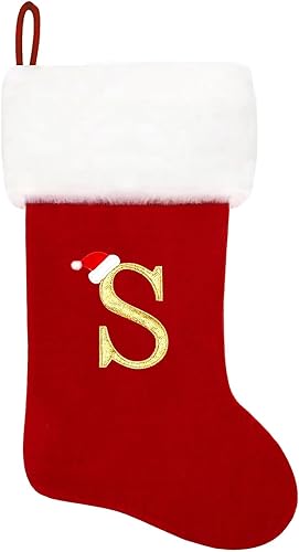 Miniatura 183 de Calcetines de Navidad bordados de 20 pulgadas con monograma, terciopelo rojo con puño de felpa blanca supersuave, adornos clásicos para decoración