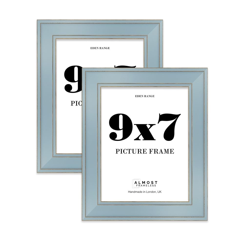 9x7 Cornflower Blue Picture Frame - Shabby Chic Photo Frame with Distressed Finish, Gold Trim, Wall Hooks and Kickstand, 37mm Edge - 2 Pack โ image 1