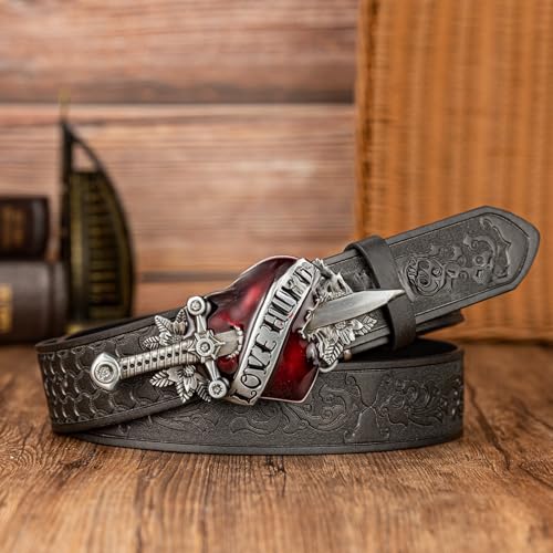 Antique Belt, Western Cowboy PU Leather Belts with Heart and Sword Carved Buckle Retro Embossed Belt for Jeans3