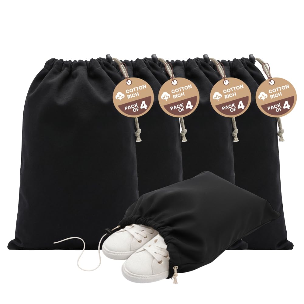 LFH Cotton Rich Shoe Storage Bags with Drawstring, Dustproof Breathable Reusable Organizer, Perfect For Travel, Dorm, Hotel, College, Gym, Machine Washable 12"x17" (Pack of 4) - Black sand
