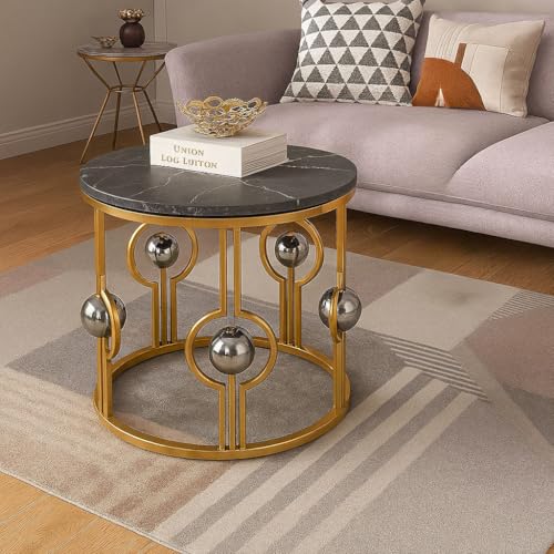 Image of Marble Look Coffee Table, Round Accent Metal Center Table with Golden Metal Frame Golden Black