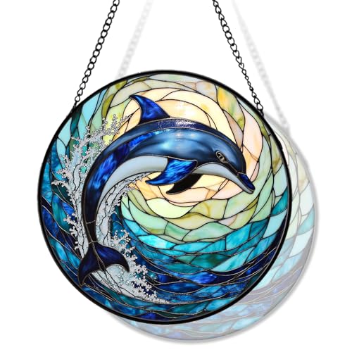 JAWNLITY Dolphin Stained Glass Suncather for Window Hanging with Ocean Wave, 6.3'' Blue...