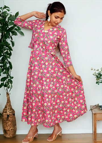 Image of JAIPUR HAND BLOCK Sleeveless Cotton A Line Dress|Gown with Jacket S63