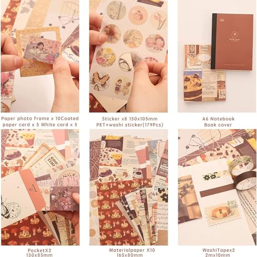 Image of MGNLR Paper Vintage Aesthetic Scrapbook Kit(346Pcs) Scrapbooking Supplies Kit with Bullet Junk Journal,Stationery,A6 Grid Notebook Journaling Gift for Girl (Brown Vintage Scrapbook)
