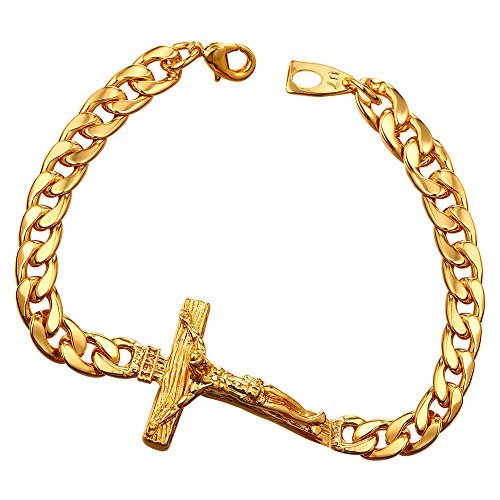 U7 Men 18K Gold Plated 7mm Cuban Chain Vintage Crucifix Charm Link Bracelet