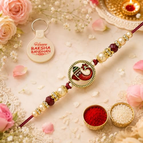 Image of Riddhika Ventures Religious Gold Plated Meenakari Sacred Ganesha Rakhi with Roli Chawal and One Happy Raksha Bandhan Keychain